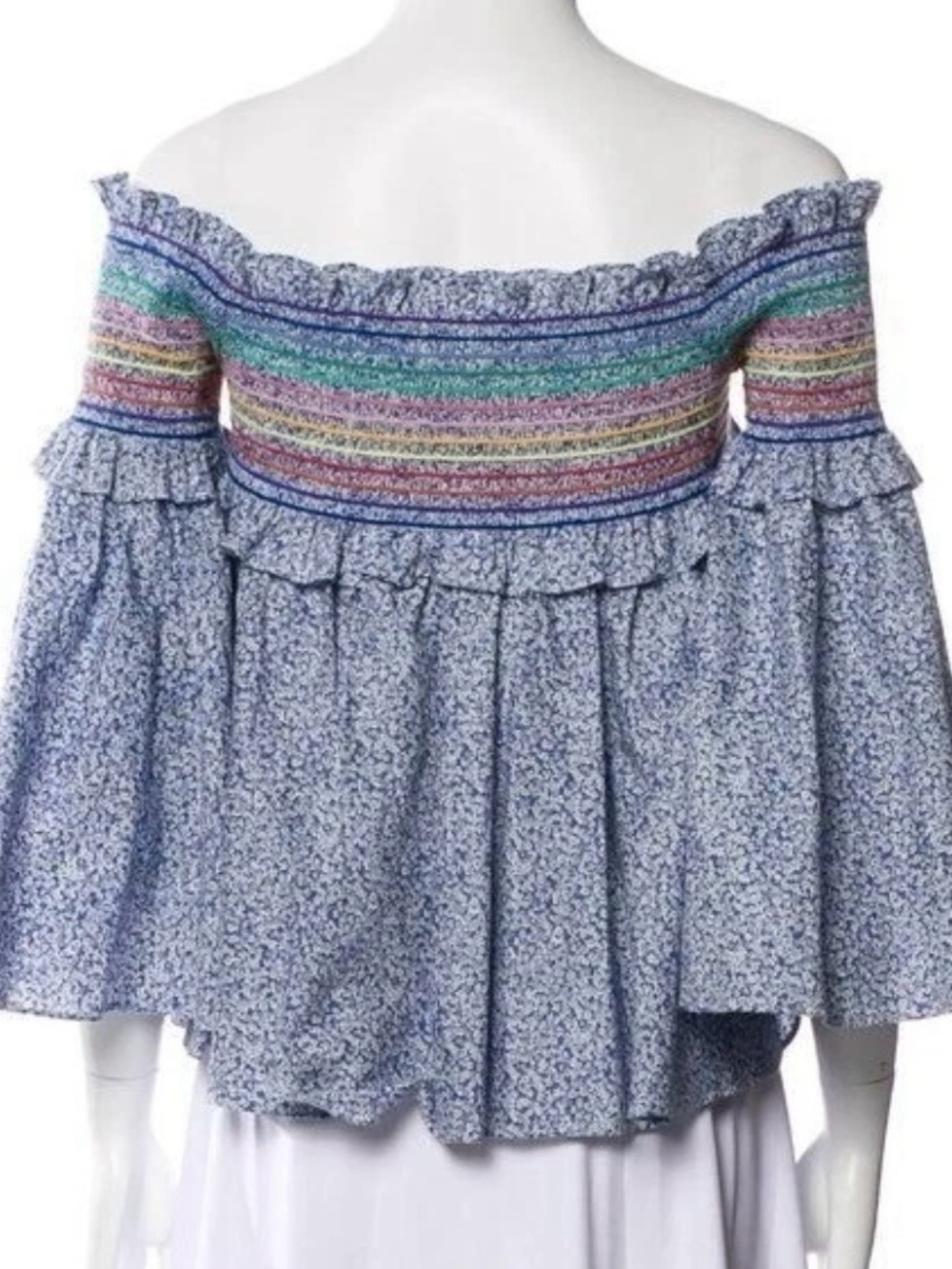 Petersyn Women's Off Shoulder Smocked Floral Stretch Top Bell Sleeves XS Boho